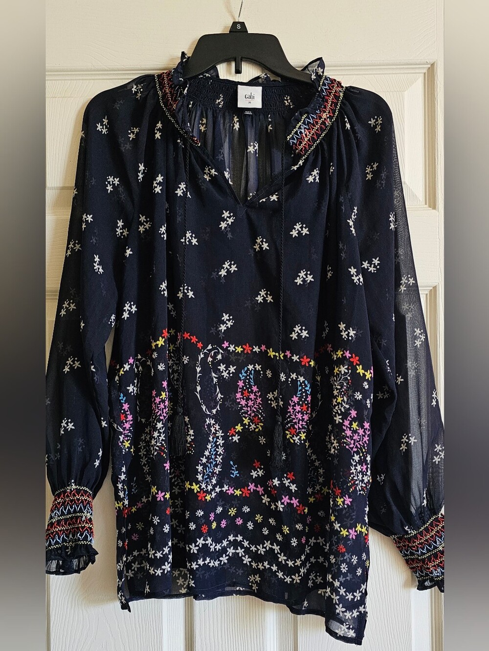 CAbi Navy Multicolor Embroidered Peasant Tunic Size M